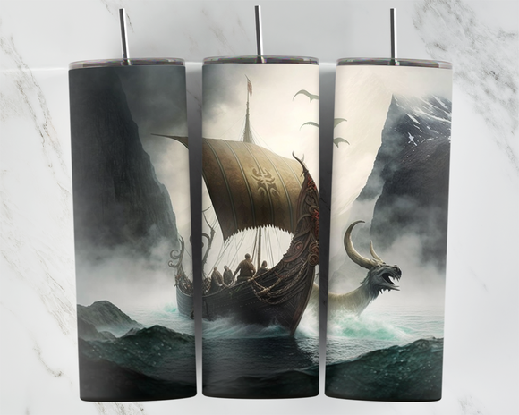 Viking Boat Travelling through misty water - 20oz Tumbler