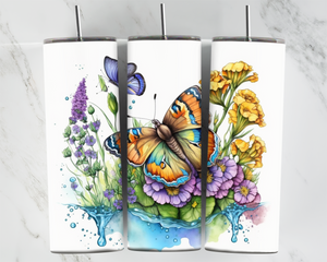 Water Colour Butterflies with Flowers and water - 20oz Tumbler