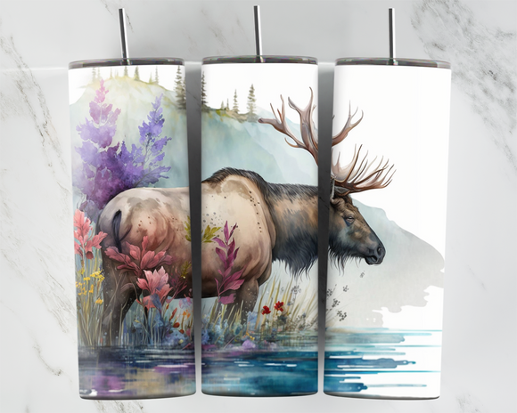 Water Colour Moose in Water with Nature - 20oz Tumbler