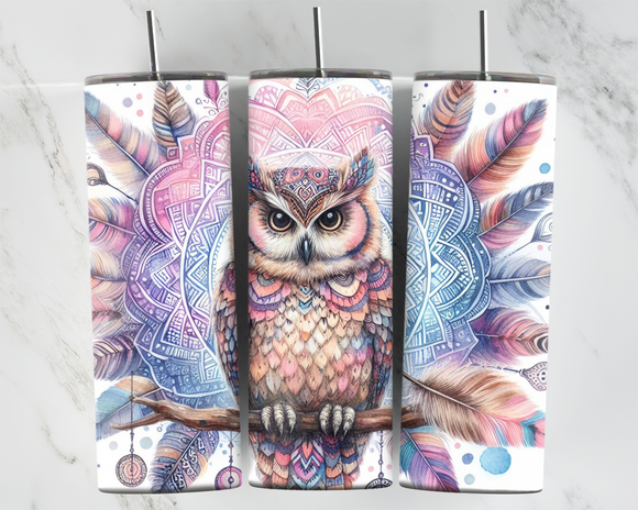 Water Colour Owl with Mandala and Feathers - 20oz Tumbler