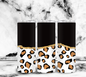 White Leopard Print Gold Strip on Black - 20oz Tumbler