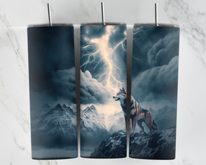 Wolf in mystic mountains in the snow with lightning - 20oz Tumbler