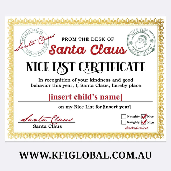 Personalised Nice List Certificate - Kindness and Good Behaviour - Digital Copy